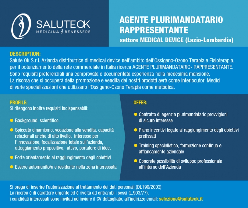 CERCASI AGENTE PLURIMANDATARIO – RAPPRESENTANTE settore MEDICAL DEVICE (Lazio-Lombardia)