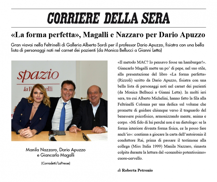 La forma perfetta, Magalli e Nazzaro per Dario Apuzzo - Corriere della sera 30 gennaio 2019