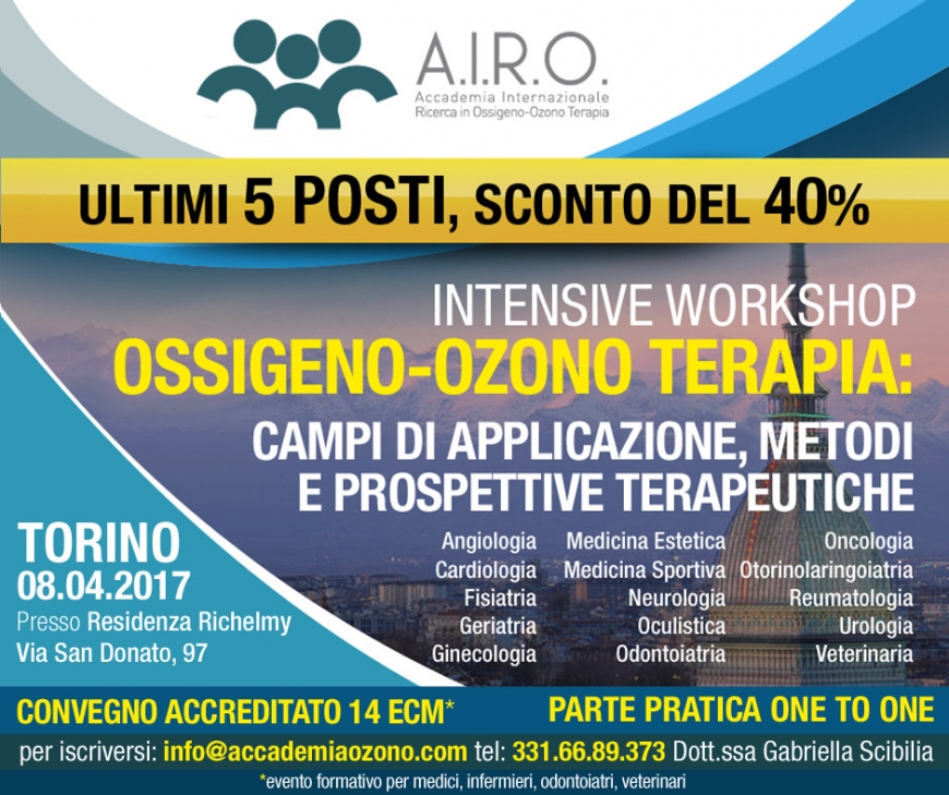 Sconto Ultimi Posti IWS Torino: Ossigeno - Ozono Terapia campi di applicazione, metodi e prospettive terapeutiche